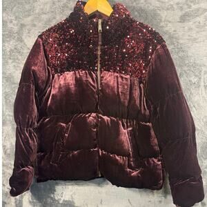 Maeve Vera Sequined Velvet Puffer Jacket from Anthropologie Large Wine Color Way